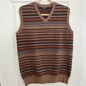 Eclectic Grandpa Taupe Brown Fair Isle Patterned Sweater Vest Retro Indie Sleaze
